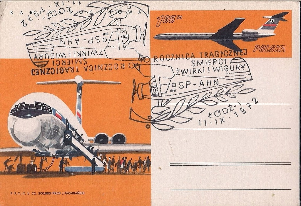 karta pocztówkowa SAMOLOT NA PASIE Grabiański 1972