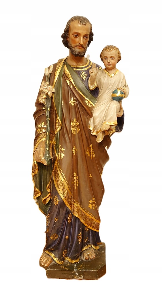 Piękna figura gipsowa Św. Józef z Dzieciątkiem XIX wiek