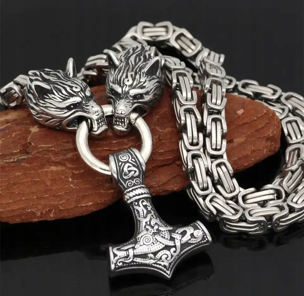 Naszyjnik łańcuszek celtycki wikingów młot THORA srebrny wilki fenrir 50cm