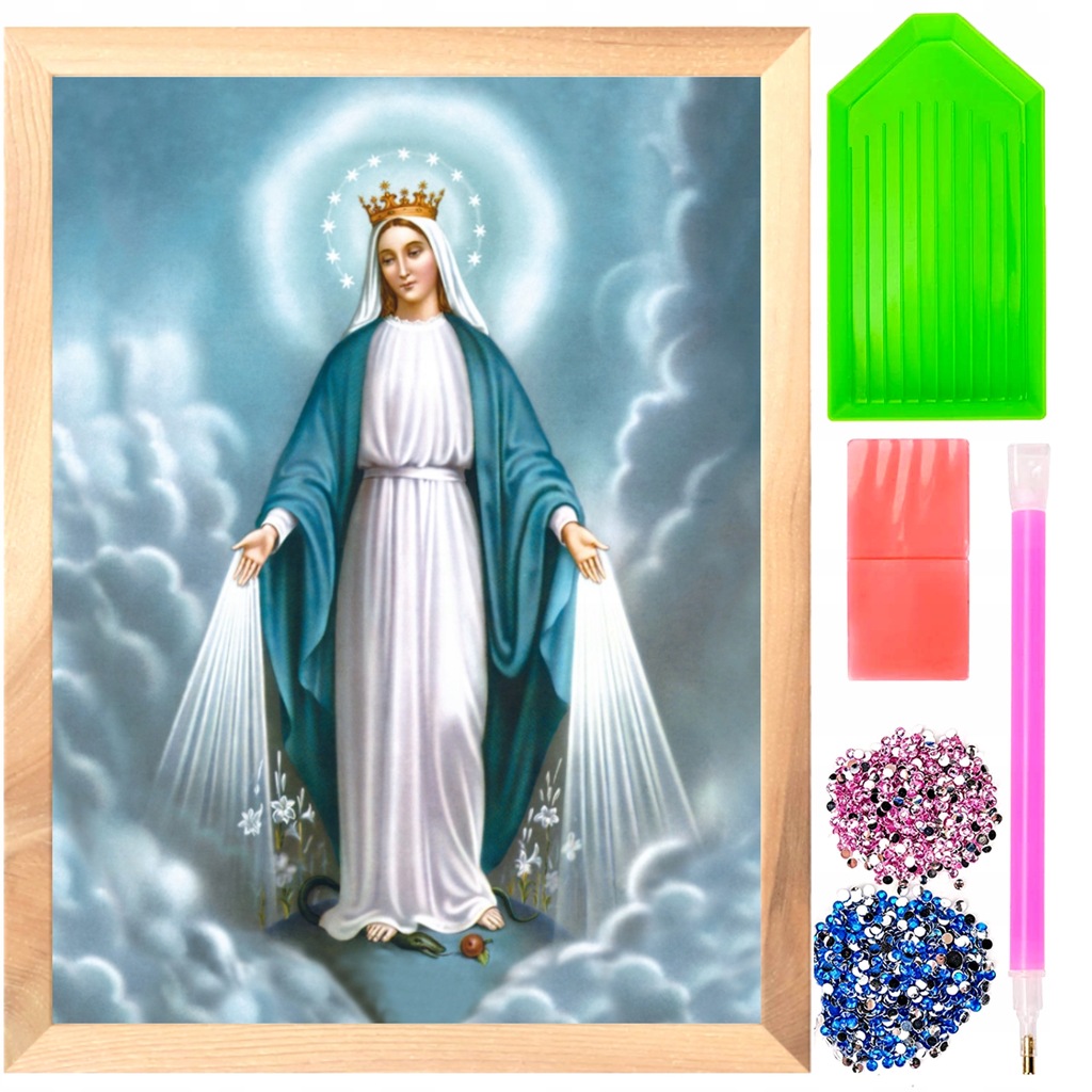 HAFT DIAMENTOWY MATKA BOSKA W NIEBIE MARYJA + RAMKA DIAMOND PAITING 5D
