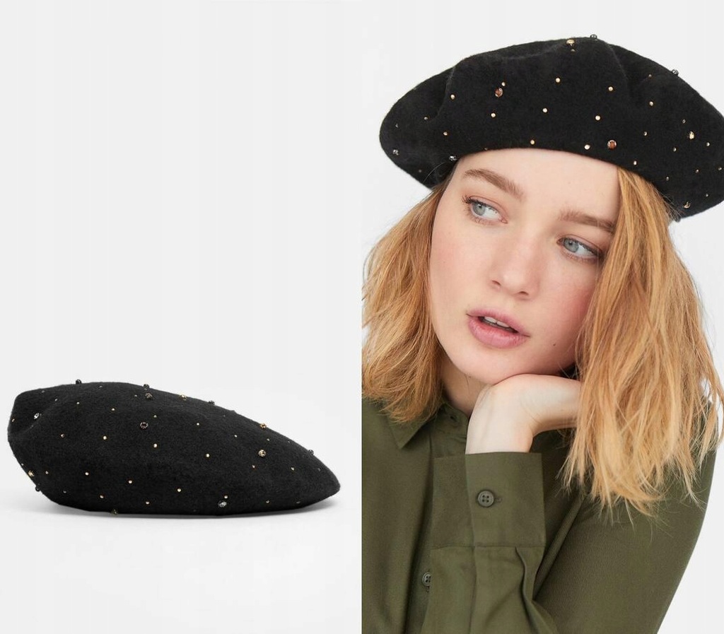 STRADIVARIUS CZARNY ZDOBIONY BERET