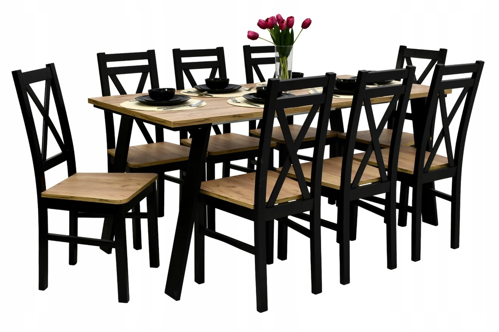 8 krzeseł krzyżak, prosty stół, metalowe nogi
