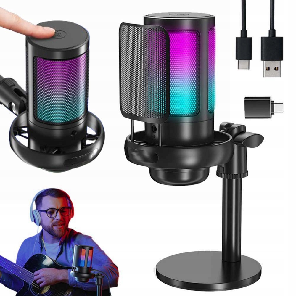 Mikrofon Studyjny RGB USB Pojemnościowy Gamingowy + Funkcja Wycisz