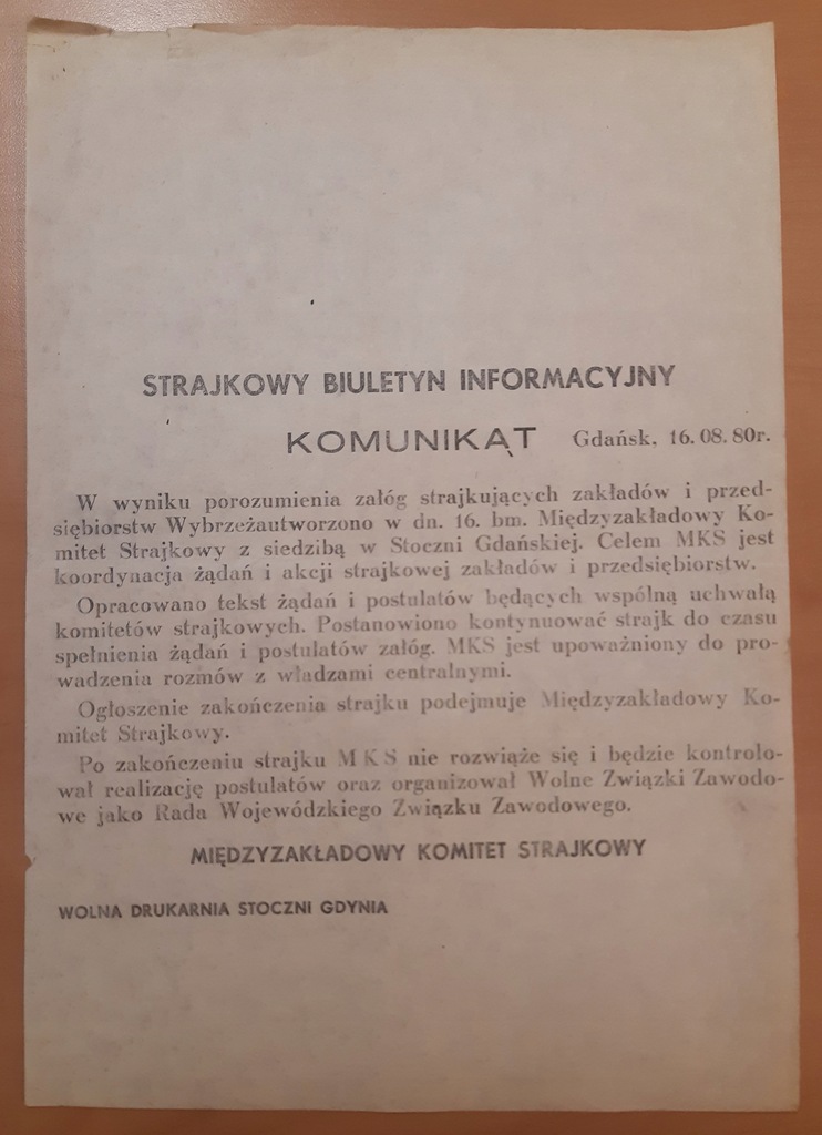 Komunikat Strajkowy Biuletyn Informacyjny Gdańsk 16.08.1980