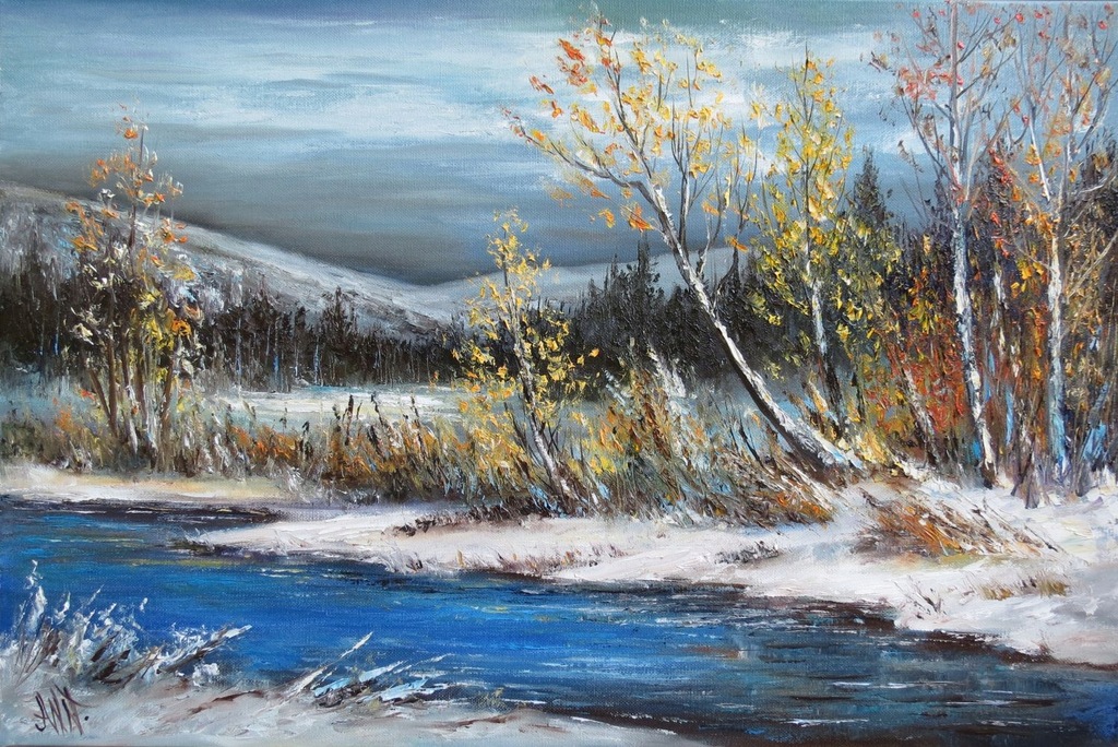 Nalborczyk ZIMOWA RZEKA obraz olej 40X60 12614874959