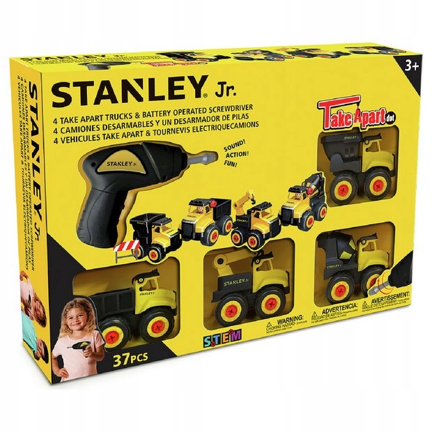 Zestaw 4 mini pojazdów + wkrętarka Stanley Jr.