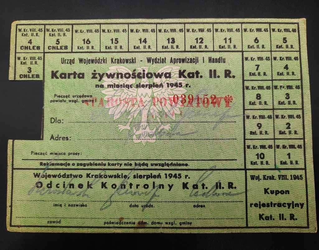 KARTKA ŻYWNOSCIOWA PRL SIERPIEN 1945 WOJ. KRAKOWSKIE