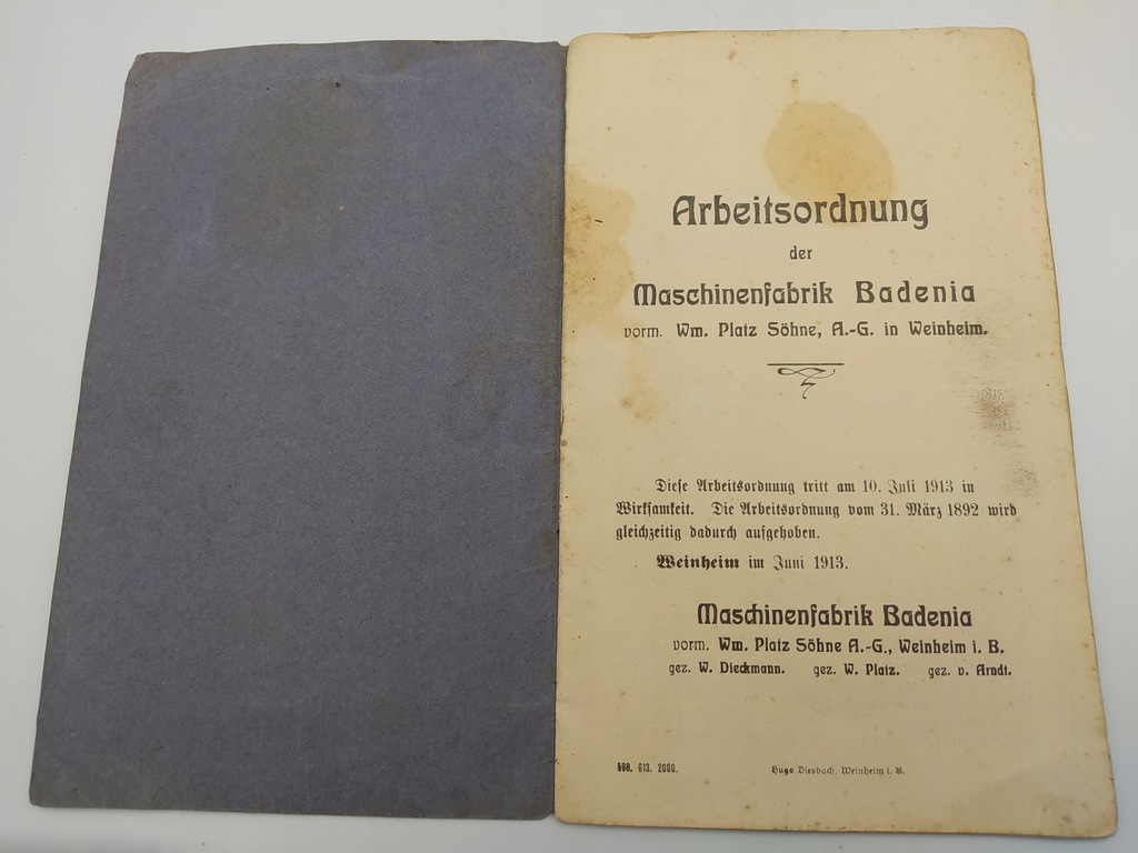 Arbeitsordnung der Maschinenfabrik Badenia Weinheim 1913