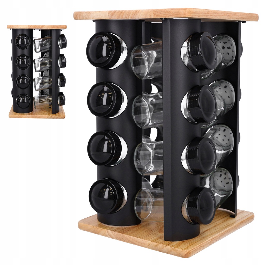 STOJAK NA PRZYPRAWY czarny przyprawnik obrotowy na 16 słoików do kuchni