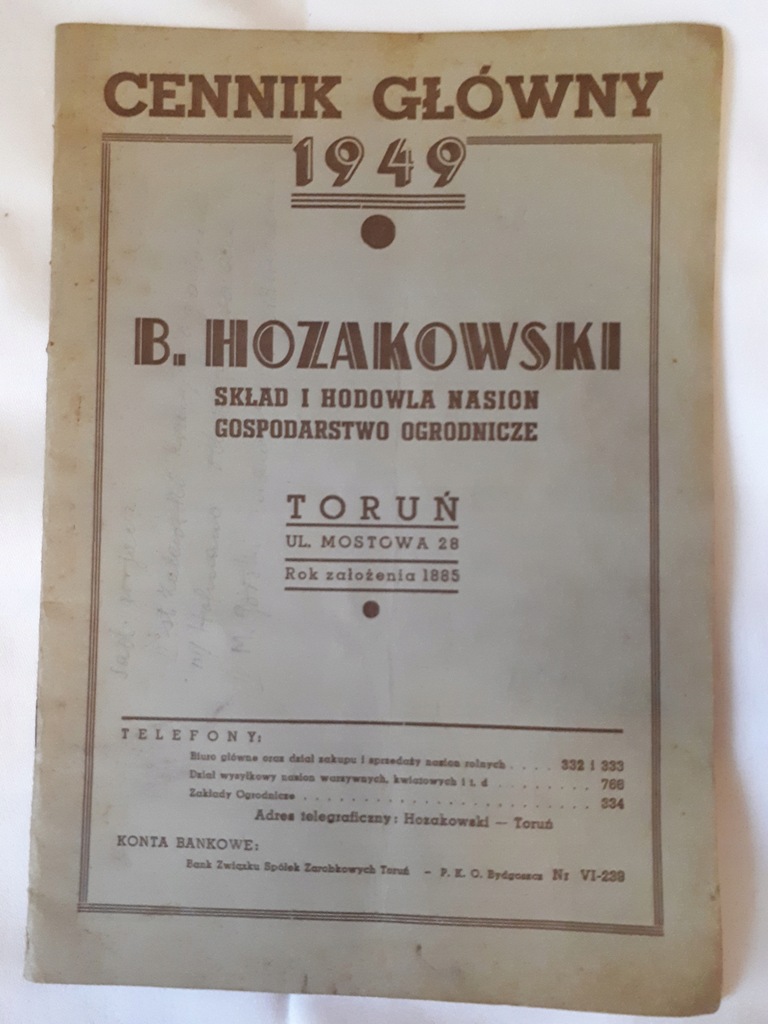 B. Hozakowski Toruń 1949 cennik główny oryginał