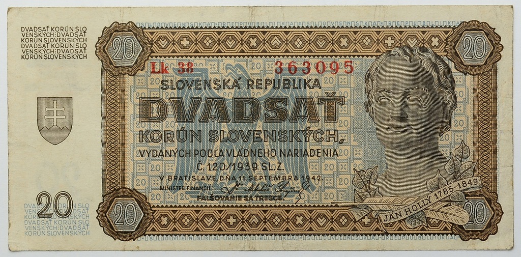 14.Słowacja, 20 Koron 1942, P.7.a, St.3+