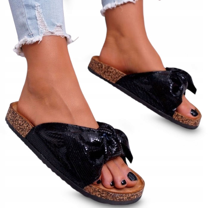 Czarne Klapki Damskie Korkowe z Kokardą 39