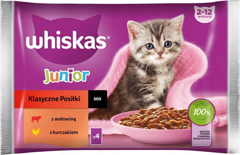 WHISKAS JUNIOR KLASYCZNE POSIŁKI KARMA W SOSIE DLA KOCIĄT 4x85g