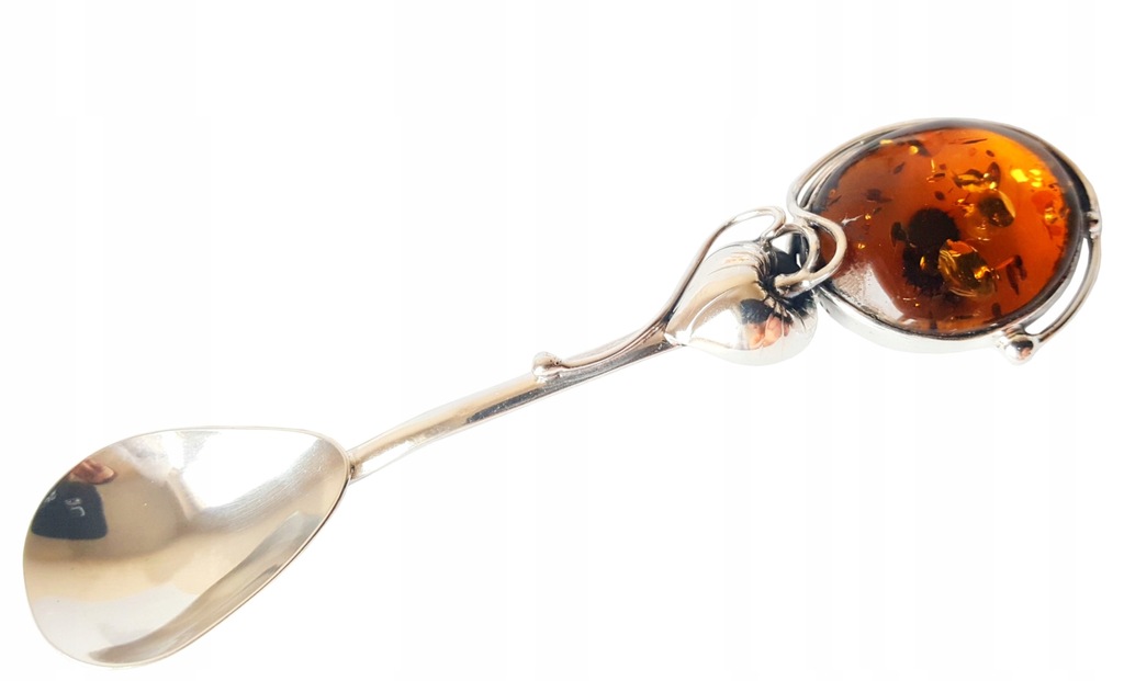 ŁYŻECZKA srebrna z BURSZTYNEM rękodzieło + CERTYF.