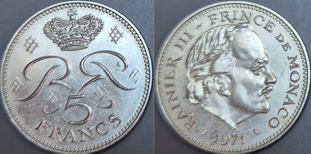 Monako 5 franków 1971r. KM 150 Rainer III