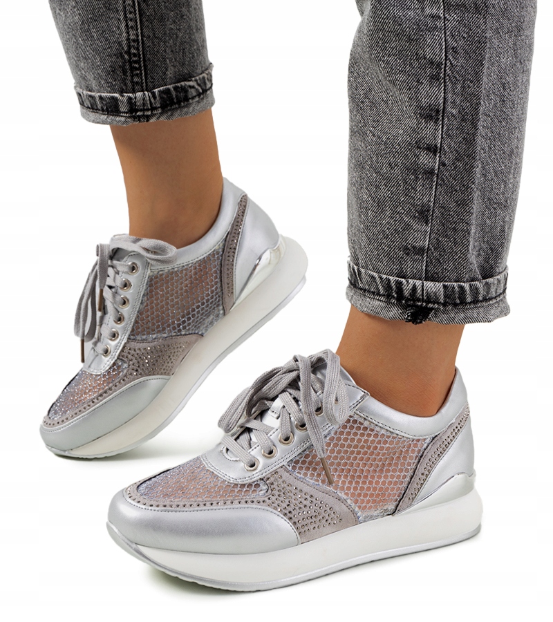 Srebrne sneakersy z siateczką Ilkay 15874 rozmiar 40