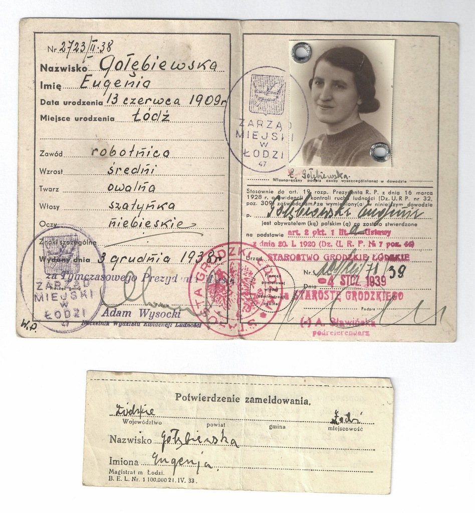 Przedwojenny dowód osobisty Łódź 1938 Super stan!