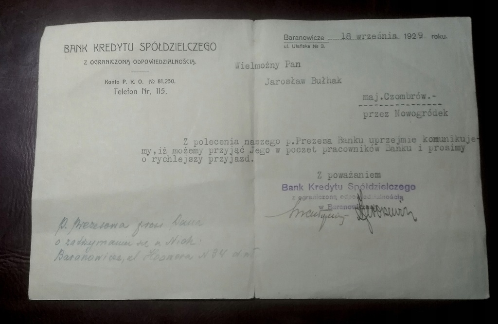 Bank Baranowicze Czombrów kresy Bułhak pismo 1929