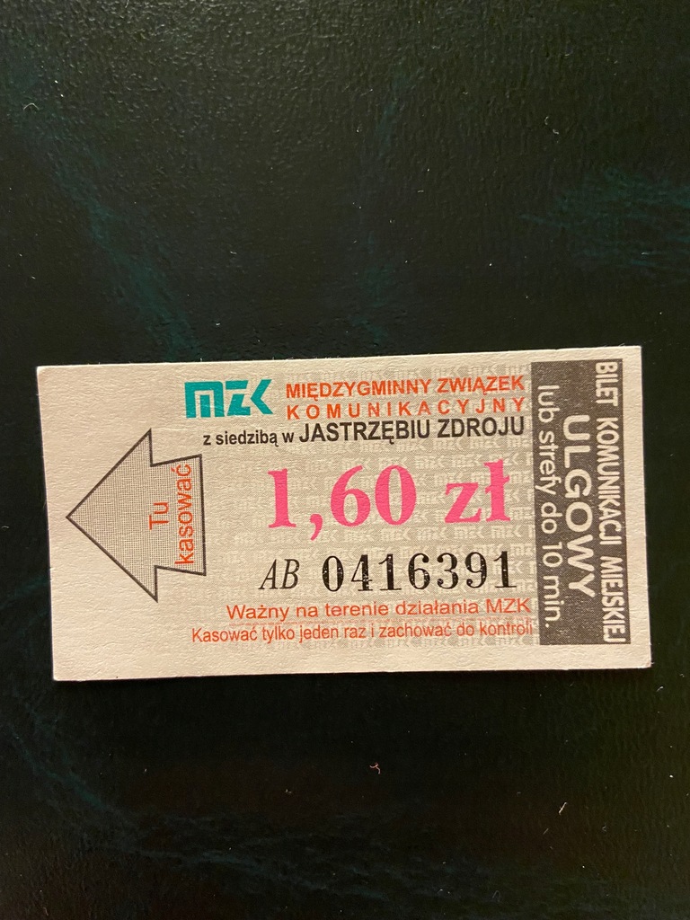 Bilet MZK JASTRZĘBIE-ZDR. 1,60zł ULGOWY czarny