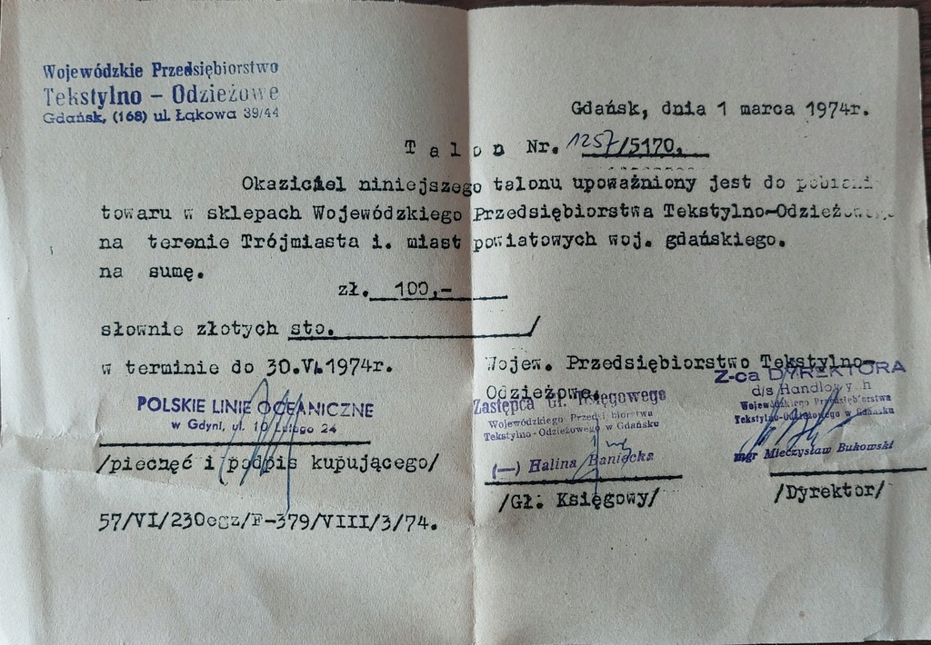 Talon na odzież/tekstylia Gdańsk 1974 PRL