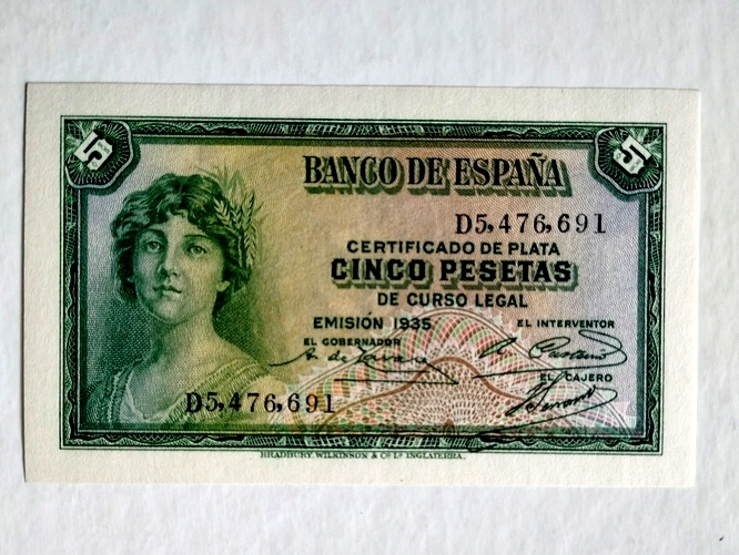HISZPANIA - 5 peset 1935, P- 85, st. -1/1, piękny banknot !!!