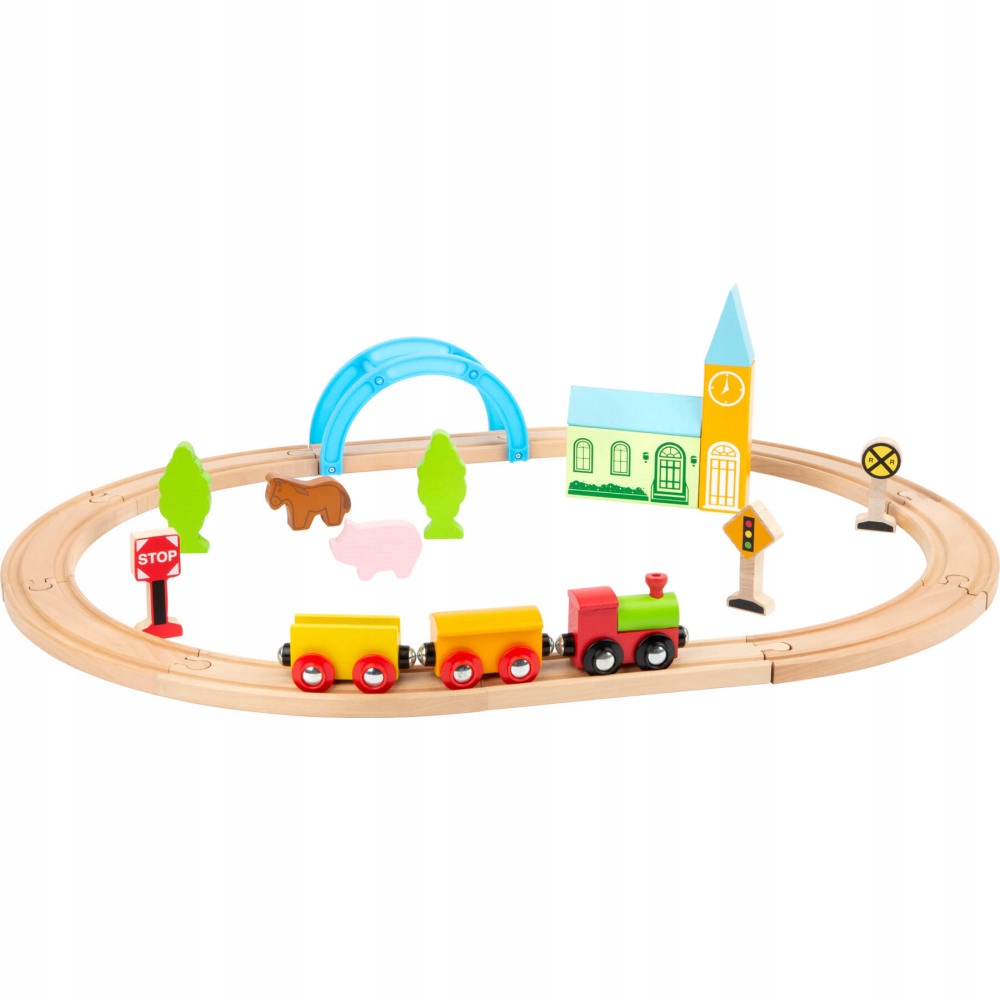 Drewniana kolejka dla dzieci, pociąg z wagonami