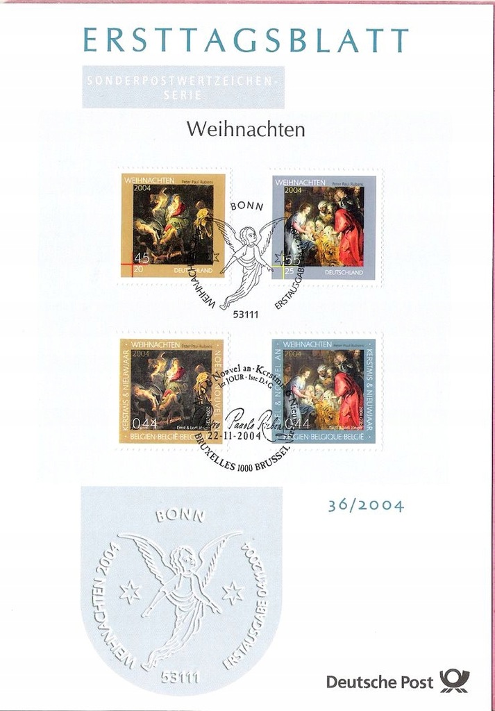 Niemcy Belgia 2004, FOLDER FDC Christmas malarstwo