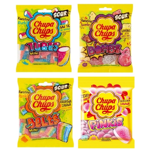 Chupa Chups BOMBS bomby TUBES rurki BELTS paski Kwaśne PINKIS Żelki 4x90g