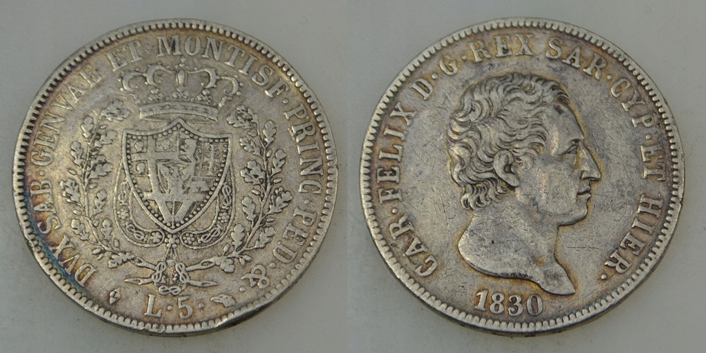 Włochy - Sardynia - srebro - 5 Lira 1830 rok L - Turyn