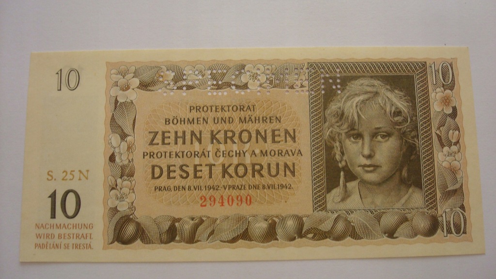 Banknot Protektorat Czech i Moraw 10 koron 1942 WZÓR SPECIMEN