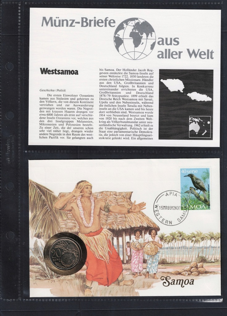 20 Sene Samoa Wschodnia 1988 mennicza w folderze Monety Świata