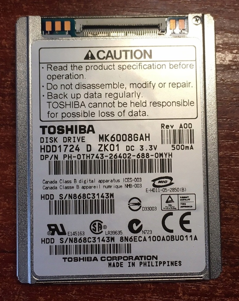 100% OK Toshiba MK6008GAH 1,8' ZIF DELL D420 D430