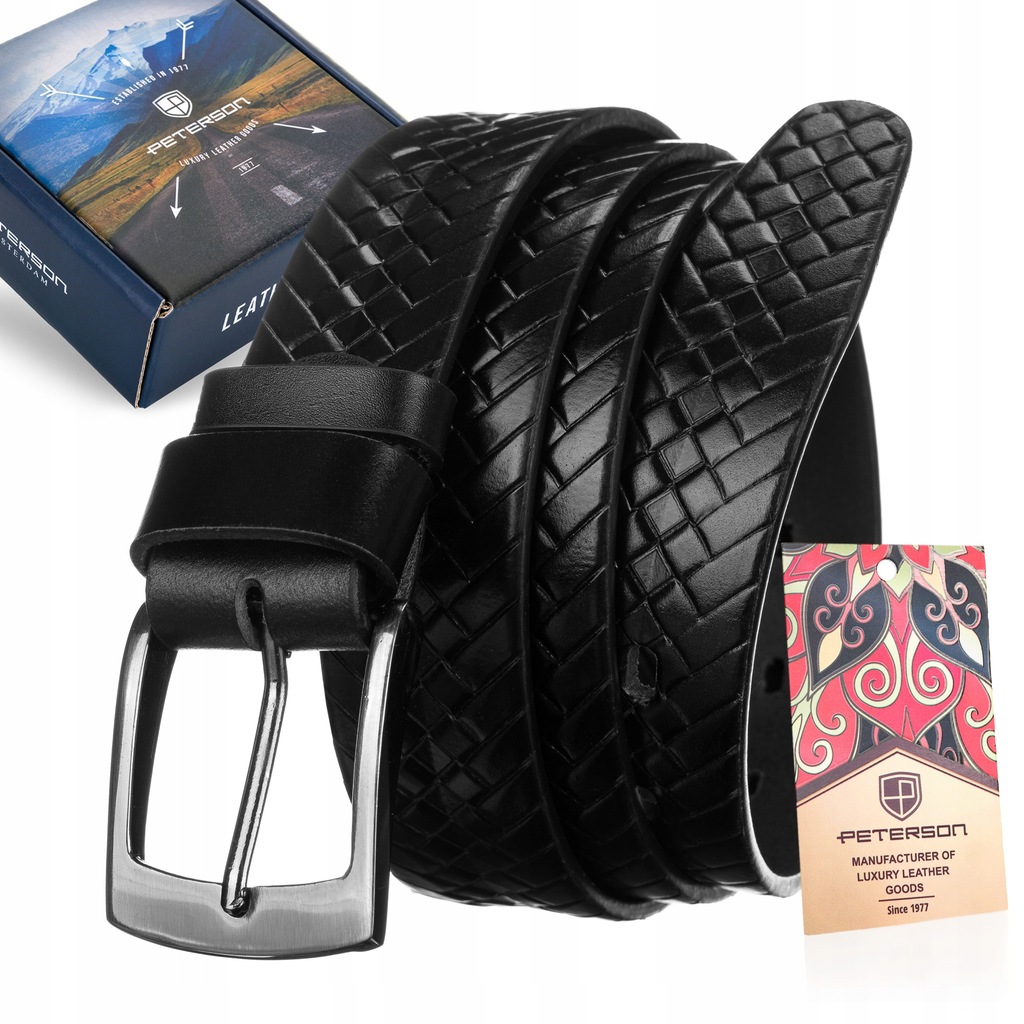 PETERSON czarny pasek skórzany do spodni pleciony