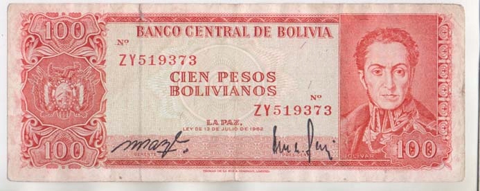 BOLIWIA 100 BOLIVIANOS 1962 seria ZY - ŁADNA