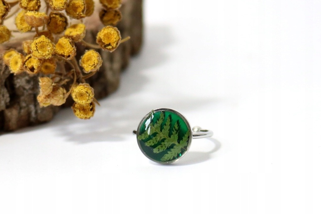 Pierścionek regulowany liść paproci zielone oczko duże kwiaty żywica stal