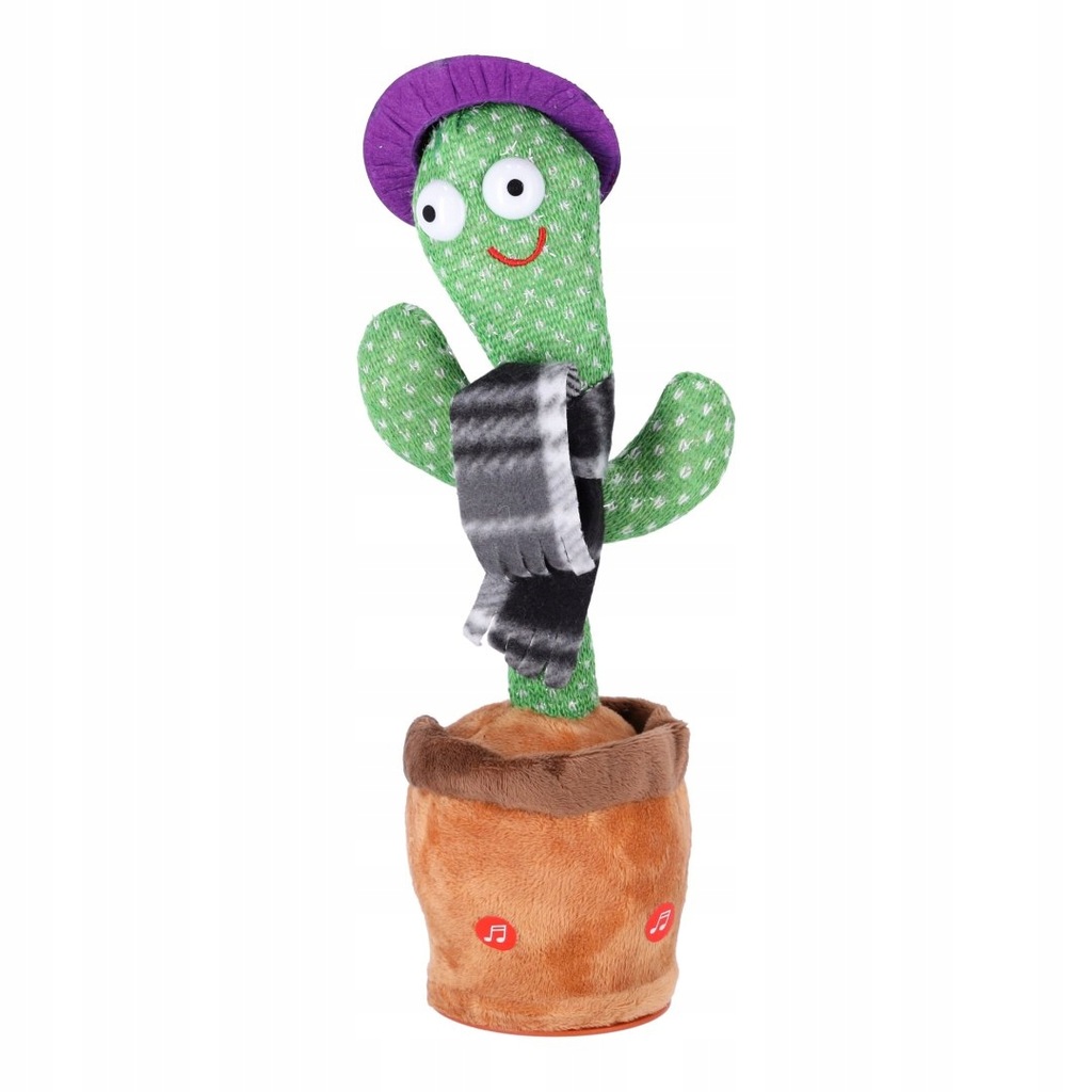 Zabawka dla dzieci - Tańczący kaktus - z czarnym szalikiem w kratę i fiolet