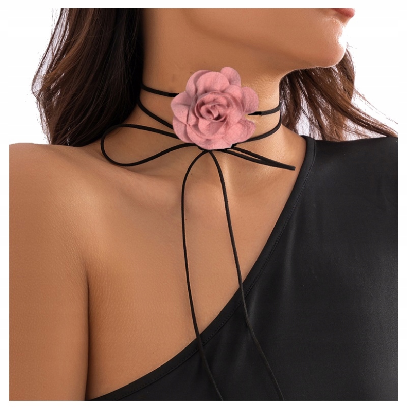 NASZYJNIK CHOKER RÓŻA PUDROWY RÓŻ MAŁA RZEMYK NA SZYJĘ WIĄZANA