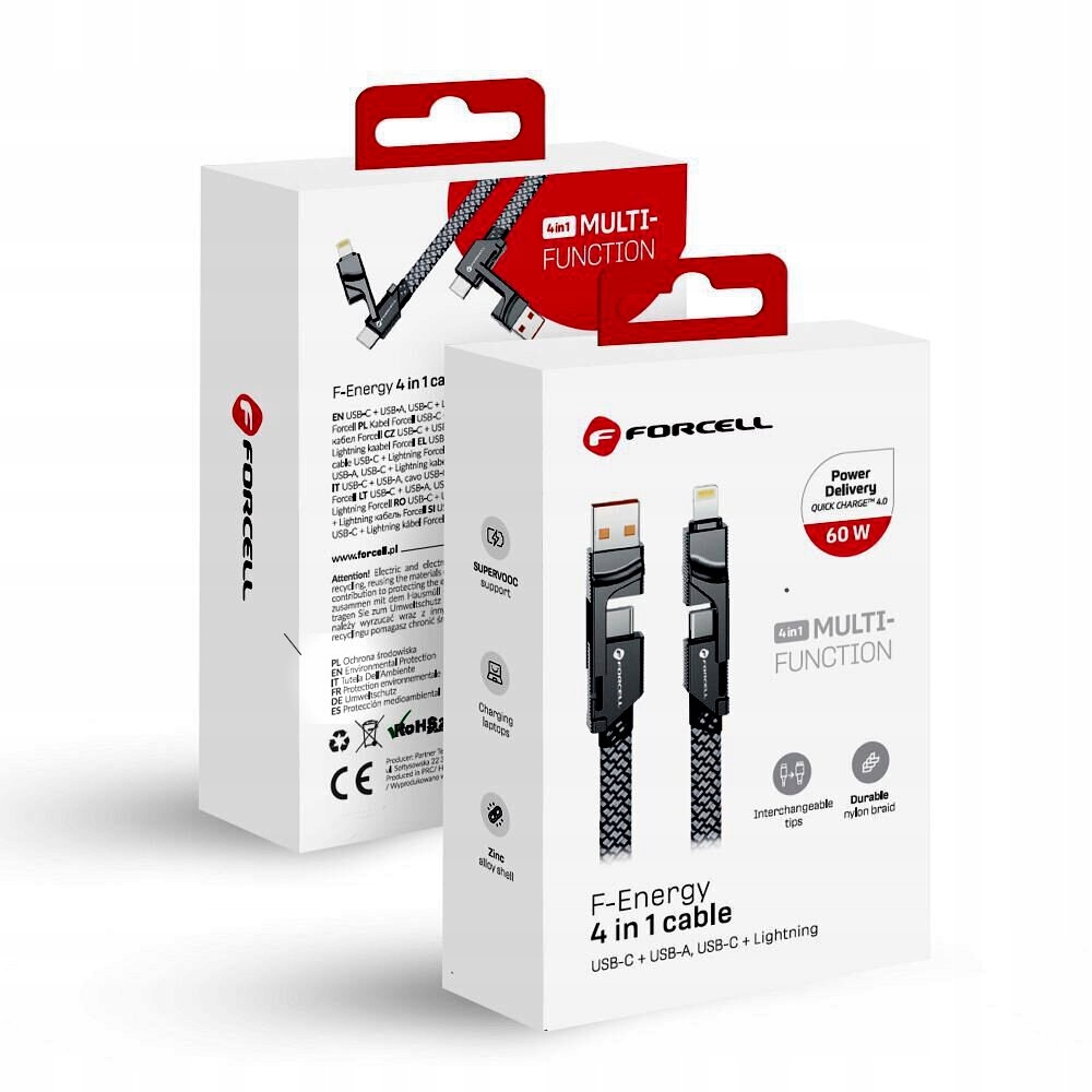 FORCELL 4w1 kabel USB-C / USB A do Typ C / Lightning QC PD 3A 60W 1 m chrom