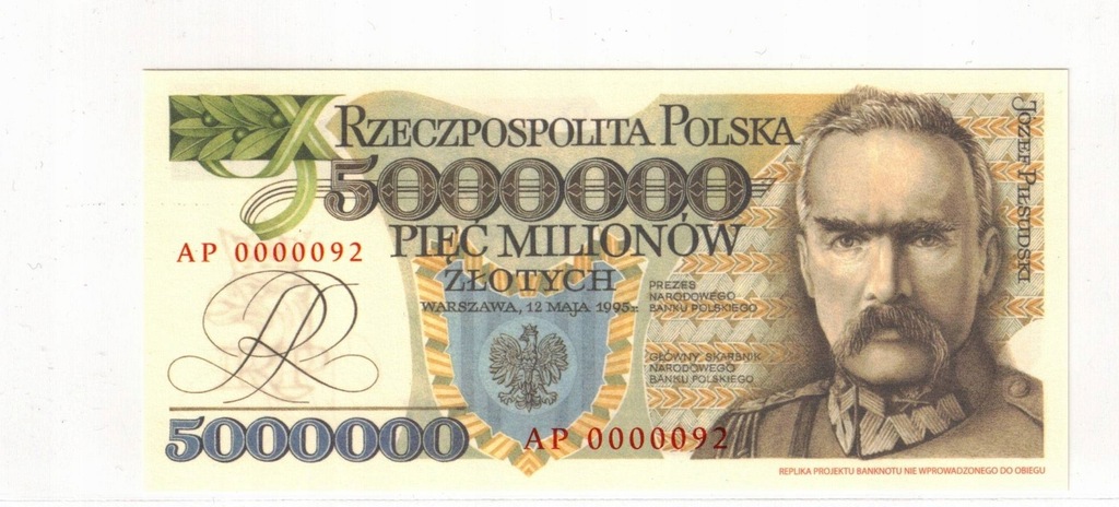 5 000 000 zł 1995 Piłsudski - seria AP 0000092 NISKI NR