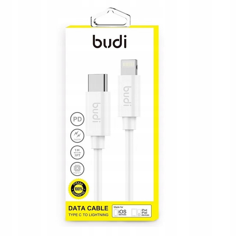 Budi -Kabel USB-C - Lightning z technologią PD, certyfikat MFi, 1 m (Biały)