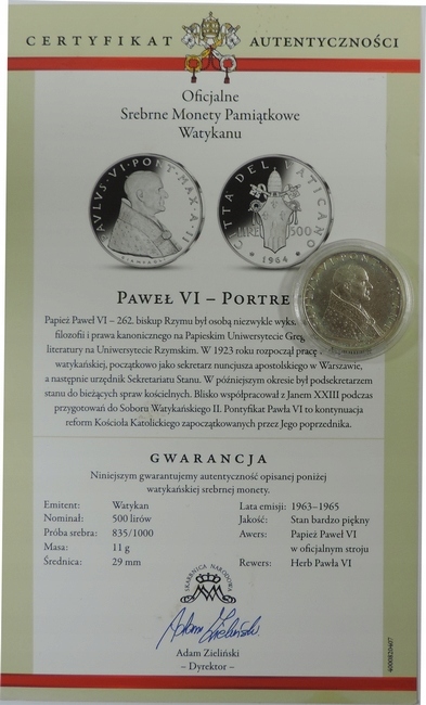 500 LIRÓW 1963 -WATYKAN -PAWEŁ VI - STAN 1- TL1257