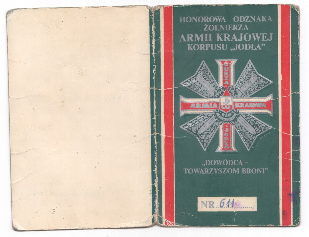 Legitymacja do Honorowa odznaka AK korpusu Jodła