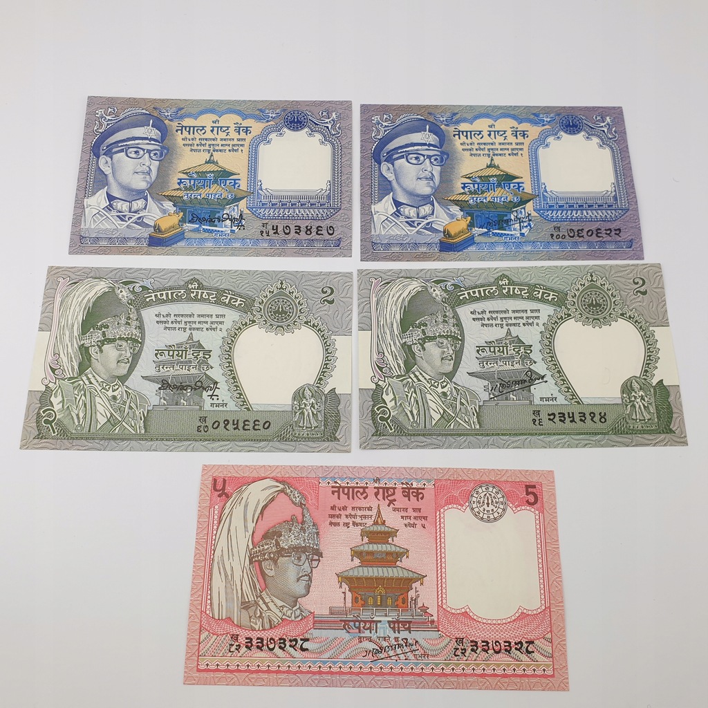 Zestaw banknotów 1-5 Rupii Nepal od 1974 r. UNC