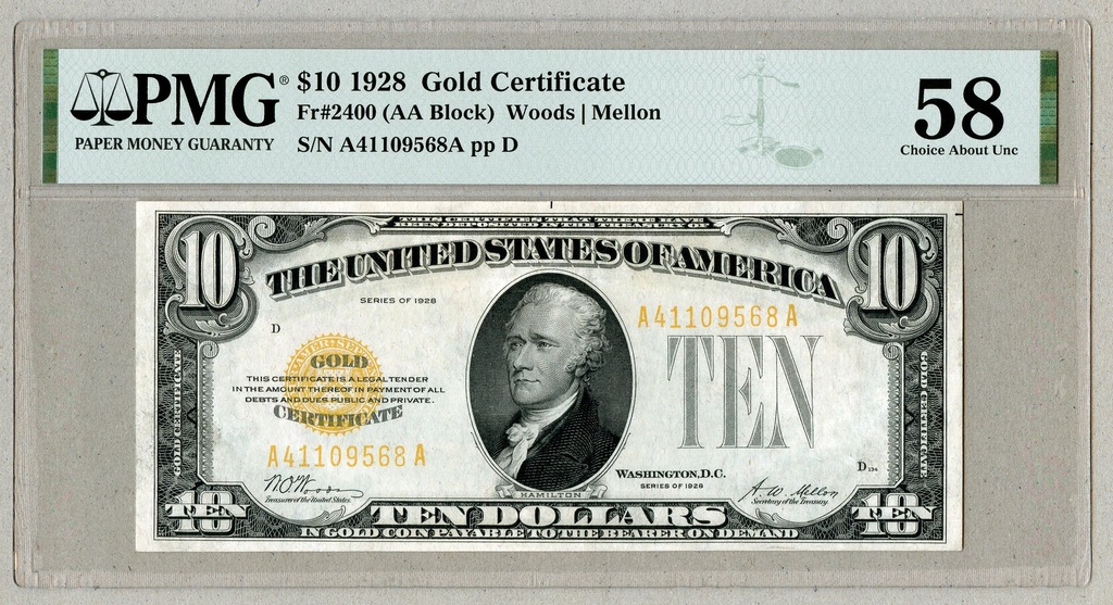 10 Dolarów Gold Certificate PMG 58!!! Cudo!
