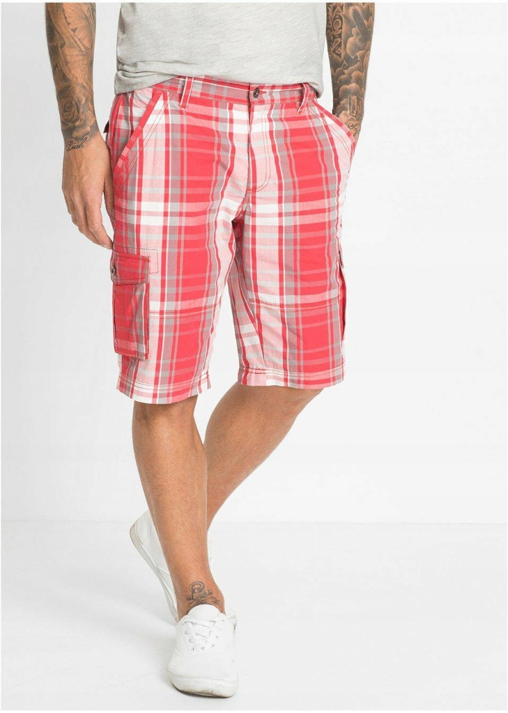 BERMUDY CARGO CZERWONE W KRATĘ 3H4E28 Bonprix 46