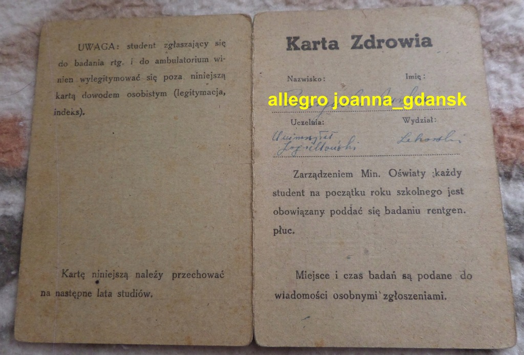 KARTA ZDROWIA kandydat student UJ Kraków PRL 1947