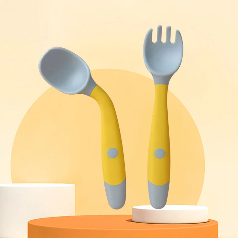 Baby Children Spoon Fork Set Soft Bendable Silicone Scoop Fork Kit