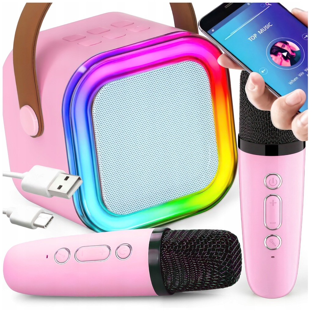 MINI ZESTAW DO KARAOKE 2 MIKROFONY + GŁOŚNIK BEZPRZEWODOWY RGB BLUETOOTH
