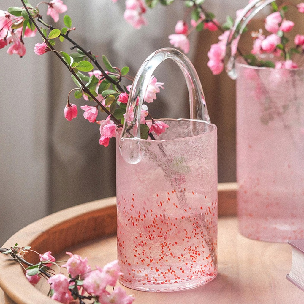 Glass Bag Vase with Handle Hand Blown Cherry Pink Wedding Medium Bucket