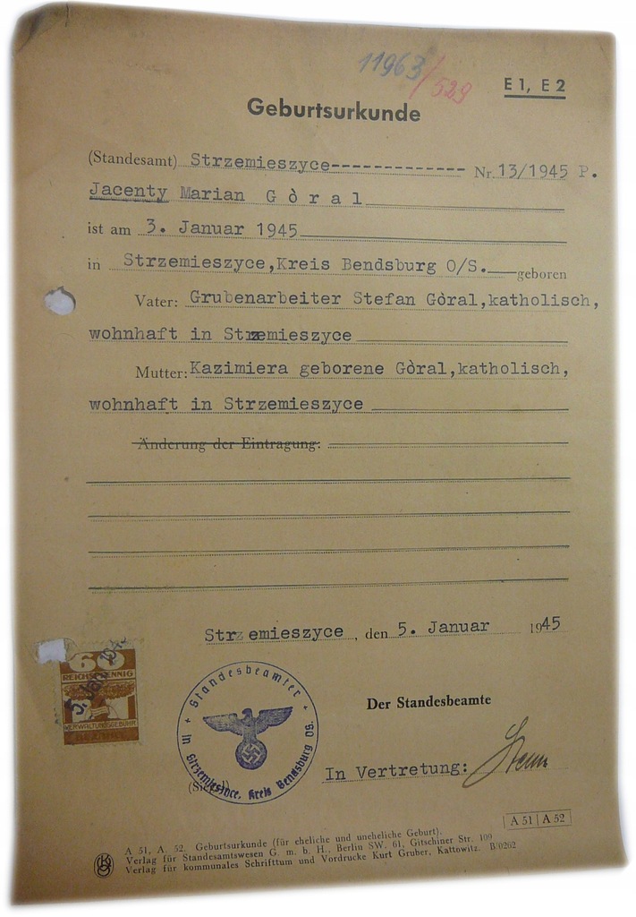 ŚWIADECTWO URODZENIA STRZEMIESZYCE 1945 NIEMIECKI